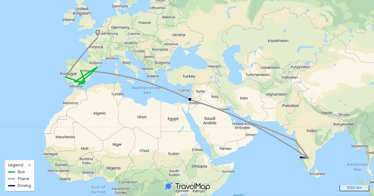 TravelMap itinerary: driving, bus, plane in United Arab Emirates, Spain, France, India, Jordan, Palestinian Territories, Portugal (Asia, Europe)